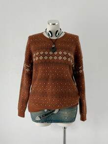 Sunspun Plus Size Women Casual Cute Loose Crew Neck Vintage Jacquard Knit Pullover Sweater, Autumn/Winter - Brown - View 6
