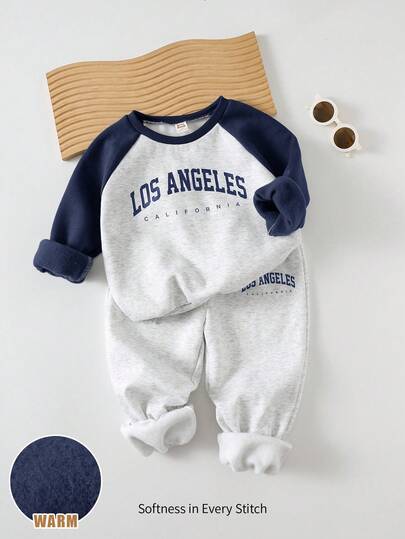 Cozy Pixies 2件套男童字母图案针织柔软圆领长袖套头衫和松紧腰裤