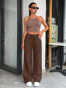 EURMUSE Pantalon tricoté à taille haute, couleur unie, motif unicolore, jambes larges, avec cordon de serrage et ceinture détaillée - Tabac - Voir 5