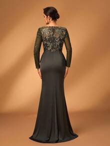 Serin Elegancka, luksusowa, perłowa, koronkowa, patchworkowa, elastyczna, satynowa sukienka z rozcięciem i długimi, prześwitującymi rękawami, idealna na wesela, imprezy, wakacje, gale, suknie ślubne i dla matki panny młodej