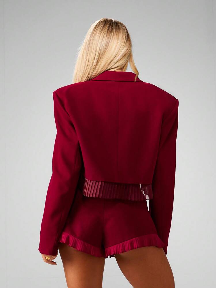 MISSGUIDED Christmas Burgundy Shoulder Pad Oversized Cropped Blazer With Pleated Trim Details For Professional Office Wear