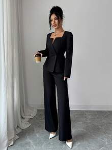 SHEIN PETITE 小巧优雅女士方领长袖口袋双排扣西装外套和直筒裤两件套，适合秋季、感恩节、办公穿着 - 黑色 - 查看 3