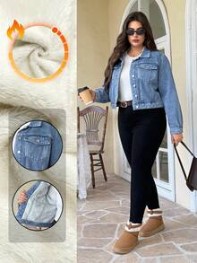 EMERY ROSE Chaqueta vaquera de manga larga con botones delanteros y forro térmico de unicolor para tallas grandes - Lavado ligero - Ver 1