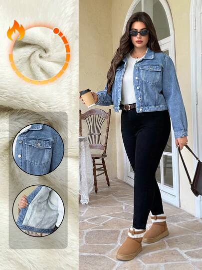 EMERY ROSE Chaqueta vaquera de manga larga con botones delanteros y forro térmico de unicolor para tallas grandes