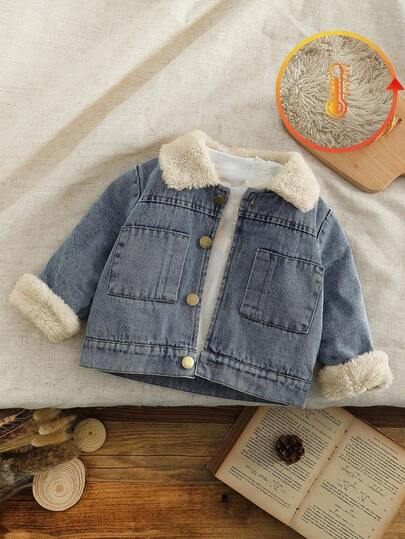 SHEIN Vintaside Kids Chaqueta de forro polar gruesa con cuello de piel para bebés niños, ropa de abrigo de invierno cálida para bebés, adecuada para la temporada fría