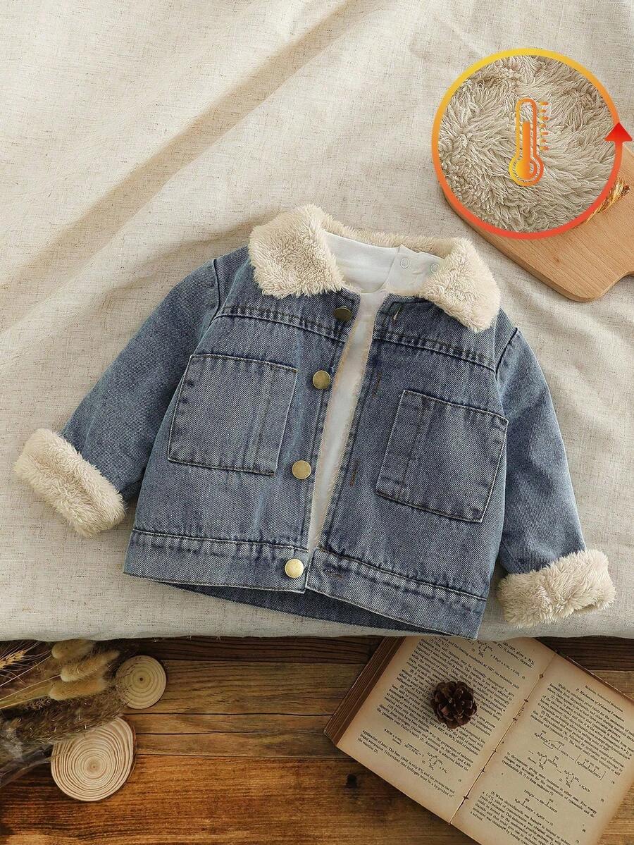 SHEIN Vintaside Kids Baby Boys Thick Fleece Jacket With Fur Collar, Warm Winter Outerwear For Infants, Suitable For Cold Season Fall