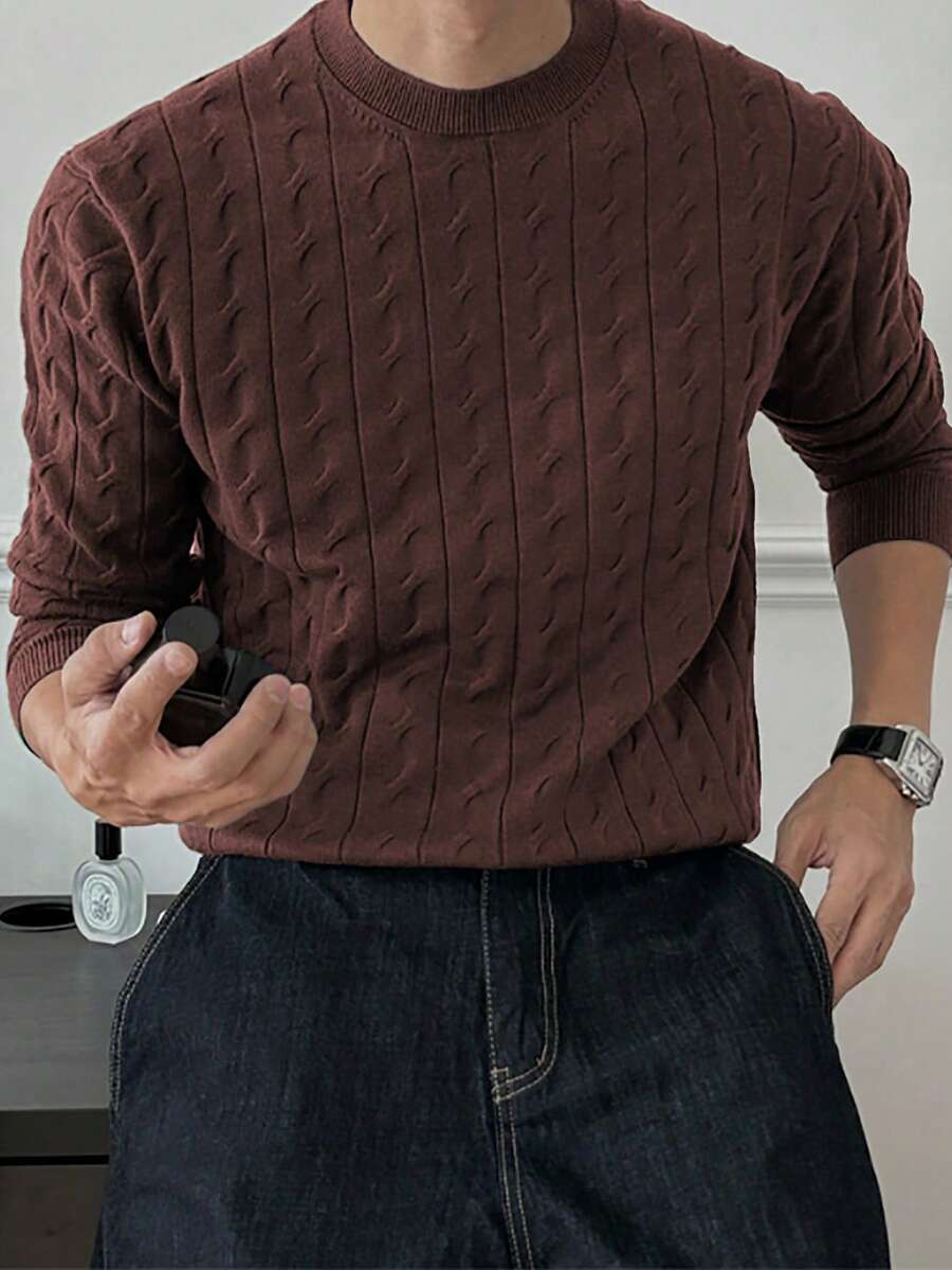 Manfinity Homme Men's Solid Color Crew Neck Long Sleeve Cable Knit Pullover Sweater, For Fall Winter Brown Sweater Men Jumper For Men - Coffee Brown - View 1