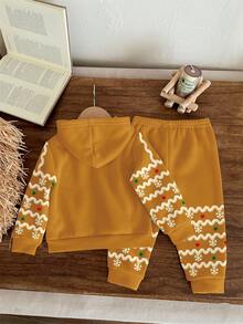 SHEIN 圣诞焦糖饼干图案休闲宽松舒适针织柔软连帽衫和裤子套装，适合秋冬季、街头风格和家居服 - 彩色 - 查看 2