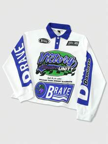 ROMWE MEN Street Life 男式撞色字母印花长袖运动 Polo T 恤 - 黑色 - 查看 4