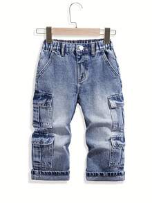 Young Boys Vintage Washed Blue Cargo Jeans With Multiple Pockets, Fashionable Streetwear Style, Must-Have Item For Fashion-Conscious Kids - Dark Wash - View 4
