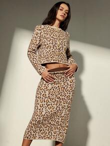 Aveloria Modichic Vintage Leopard Print Cardigan With Skirt 2 Pieces Knit Set - Multicolor - View 6