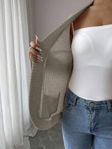 SHEIN PETITE 女式休闲罗纹羊毛开前侧口袋短款轻便夹克 - 灰色 - 查看 7