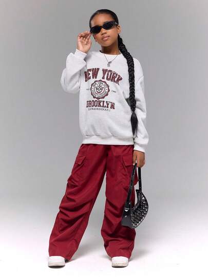 Mädchen Sweatshirt Set, melierter grauer Langarm Sweatshirt mit Brustaufdruck und burgunderrote Cargohose, modisch-Lässig vielseitig, geeignet für Herbst/Winter Ausflüge, Einkaufen, Pendeln, Urlaub, kann mit Jacken und Mänteln kombiniert werden