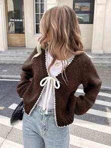 Serisse Áo khoác cardigan dệt kim dài tay họa tiết hoa buộc phía trước dành cho nữ, Thu/Đông - màu nâu - Xem 3