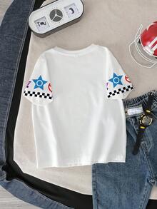 SHEIN | PAW Patrol 男童夏季休闲卡通狗和字母图案短袖T恤 - 白色 - 查看 2