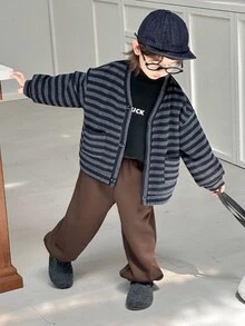 DAZY 小男孩条纹落肩长袖单排扣夹克和裤子休闲套装，秋冬 - 深灰色 - 查看 3