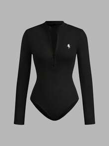 SHEIN EZwear 2pcs Women Casual Stand Collar Half Zip Front Skinny Bodysuit Set, Ribbed Fabric, Riding Horse Logo Print Autumn And Winter