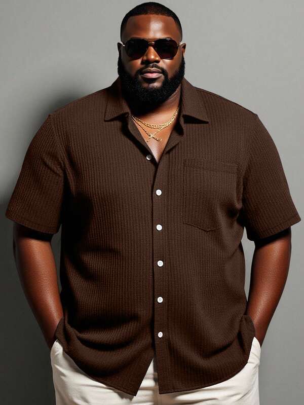 Manfinity Homme Plus Size Men's Solid Color Short Sleeve Single-Breasted Casual Pocket Shirt