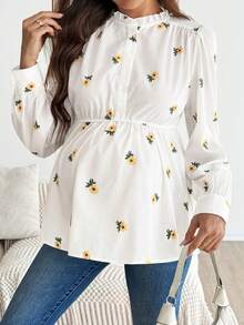 SHEIN Nursing Raglan Long Sleeve Ruched Stand Collar Sunflower All-Over Print Ruffle Hem Top