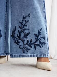 Elenzga Women's Plant Embroidery Pocket Wide Leg Loose Casual Jeans - Medium Wash - View 8