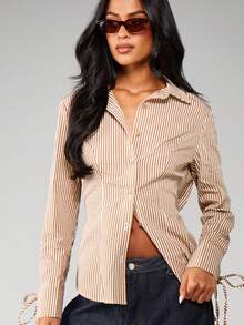 MISSGUIDED 条纹纽扣衬衫，带领带细节，长袖翻领衬衫，适合办公室休闲春季 - 棕色 - 查看 5