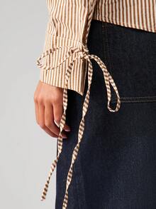 MISSGUIDED 条纹纽扣衬衫，带领带细节，长袖翻领衬衫，适合办公室休闲春季 - 棕色 - 查看 8