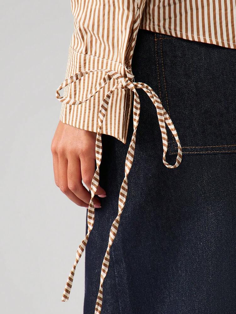 MISSGUIDED Striped Button Up Shirt With Tie Detail Long Sleeves Collared Blouse For Office Casual Spring