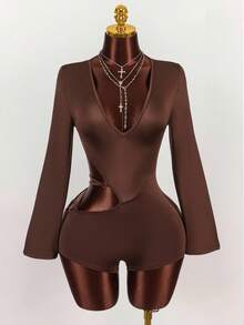 Amplova 时尚纯色露背交叉不对称性感连体裤