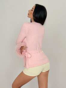 SHEIN MOOSTA Áo khoác len cardigan buộc dây màu trơn thời trang dành cho nữ, Thu/Đông - Hồng - Xem 2