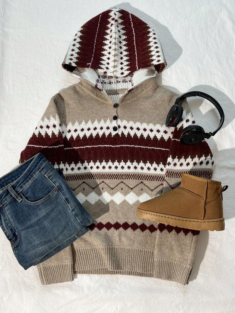 SHEIN Unity Fair Isle Casual Versatile Long Sleeve Pullover Hoodie Sweater - Multicolor - View 1