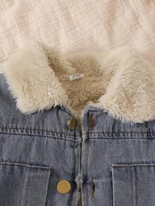 SHEIN Vintaside Kids 男婴羊毛领牛仔夹克和黑色裤子两件套，奶油蓝色羊羔绒衬里冬季夹克+裤子，秋冬百搭装 - 藍色 - 查看 5