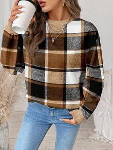 SHEIN LUNE Áo sweatshirt nữ tay dài cổ tròn dáng rộng, ấm áp và thoải mái, họa tiết kẻ caro cổ điển, thích hợp cho mùa Thu/Đông Giáng sinh. - Nhiều màu - Xem 4