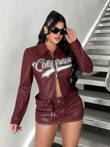 SHEIN SXY Burgunderrote Jacke mit Buchstaben-Muster, figurbetont, mit Reißverschluss, Herbst-Winter-Kleidung für Frauen