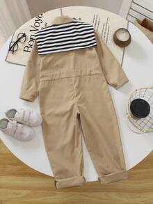 男童卡其色连体衣，黑白条纹领口，多口袋设计，实用又可爱，适合日常穿着、旅行、上学、探访等场合。 - 卡其色 - 查看 2