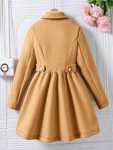 Tween Girls Single-Breasted Elegant Lapel Mid-Length Flared Overcoat - Khaki - View 2