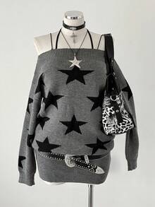 Sunspun Damen Große Größen Y2K Streetwear Stil Pentagramm Jacquard locker sitzendes Boot-Ausschnitt bequemes Strickkleid, geeignet für Herbst/Winter, Schulanfang, tägliche Fahrt, bestes Feriengeschenk für Halloween, Weihnachten - Grau - Übersicht 6