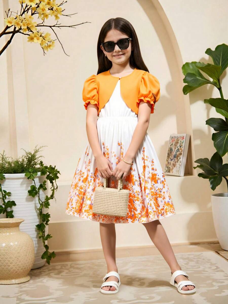 2pcs/Set Tween Girl Ruffled Floral Print Dress With Puff Sleeve Cardigan, Elegant Spring/Summer Outfit - Yellow - View 1