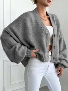 EURMUSE Women's Solid Color V-Neck Front Button Elegant Long Sleeve Cardigan - Light Grey - View 3
