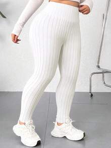 SHEIN EZwear 大码纯色高弹力休闲紧身裤 - 白色 - 查看 4