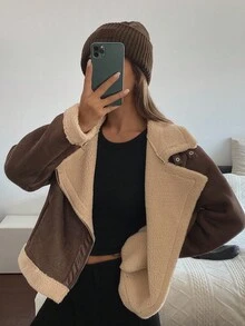 Livesso 女士休闲宽松翻领常规款夹克，秋季女式外套 - 咖啡棕 - 查看 5