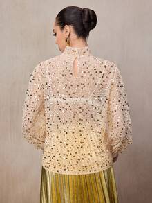 女式中式立领亮片灯笼袖荷叶边下摆时尚衬衫 - 金色 - 查看 6