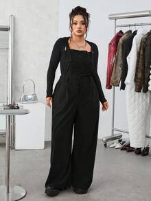SHEIN EZwear Bộ đồ liền thân nhung kẻ trơn màu tối giản hàng ngày cỡ lớn - màu đen - Xem 4