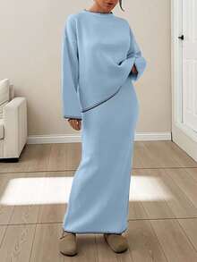 SHEIN Women Stitch Detailed Round Neck Drop Shoulder Pullover & Sweater Skirt Set - Baby Blue - View 7