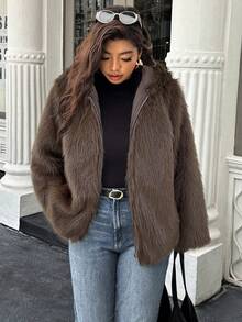 Easura Plus Size Women Solid Color Long Sleeve Zipper Front Casual Faux Fur Hooded Jacket, Autumn/Winter - Coffee Brown - View 4