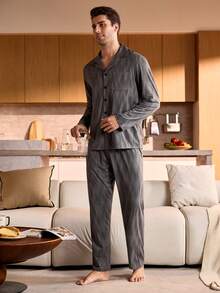 Manfinity Underwear&Sleepwear Basics 男士纽扣翻领长袖上衣和裤子睡衣套装 秋冬服装 - 灰色 - 查看 4