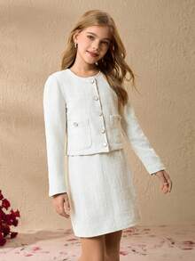 2 pièces/Set Top à manches longues et mini-jupe coordonnés décontractés pour préadolescentes