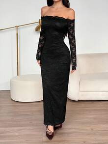 SHEIN PETITE 女式露肩长袖蕾丝拼布迷你连衣裙，夏季连衣裙春装 - 黑色 - 查看 8