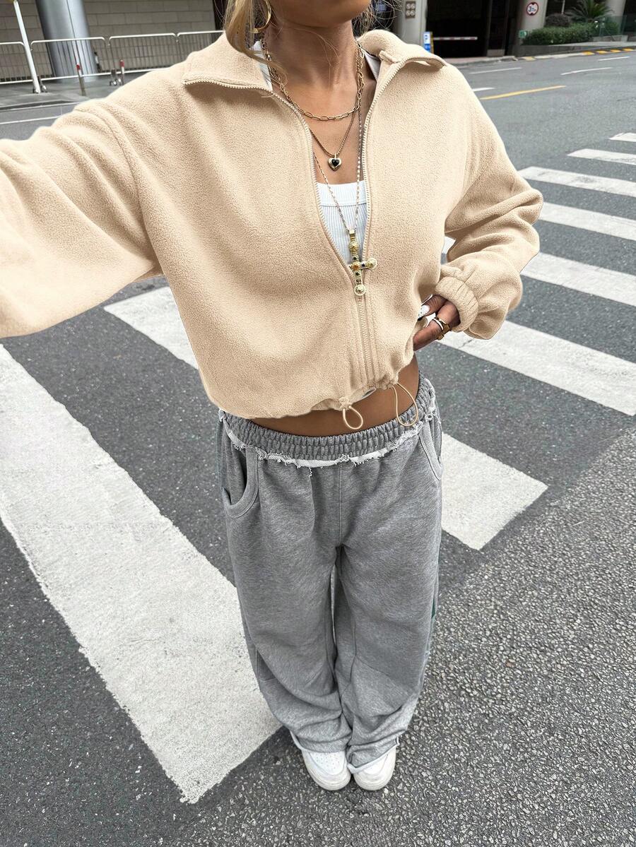 SHEIN Áo khoác lông cừu cổ đứng thoải mái, tối giản, rộng rãi, phù hợp cho thanh thiếu niên, mùa thu/đông - Màu be - Xem 1