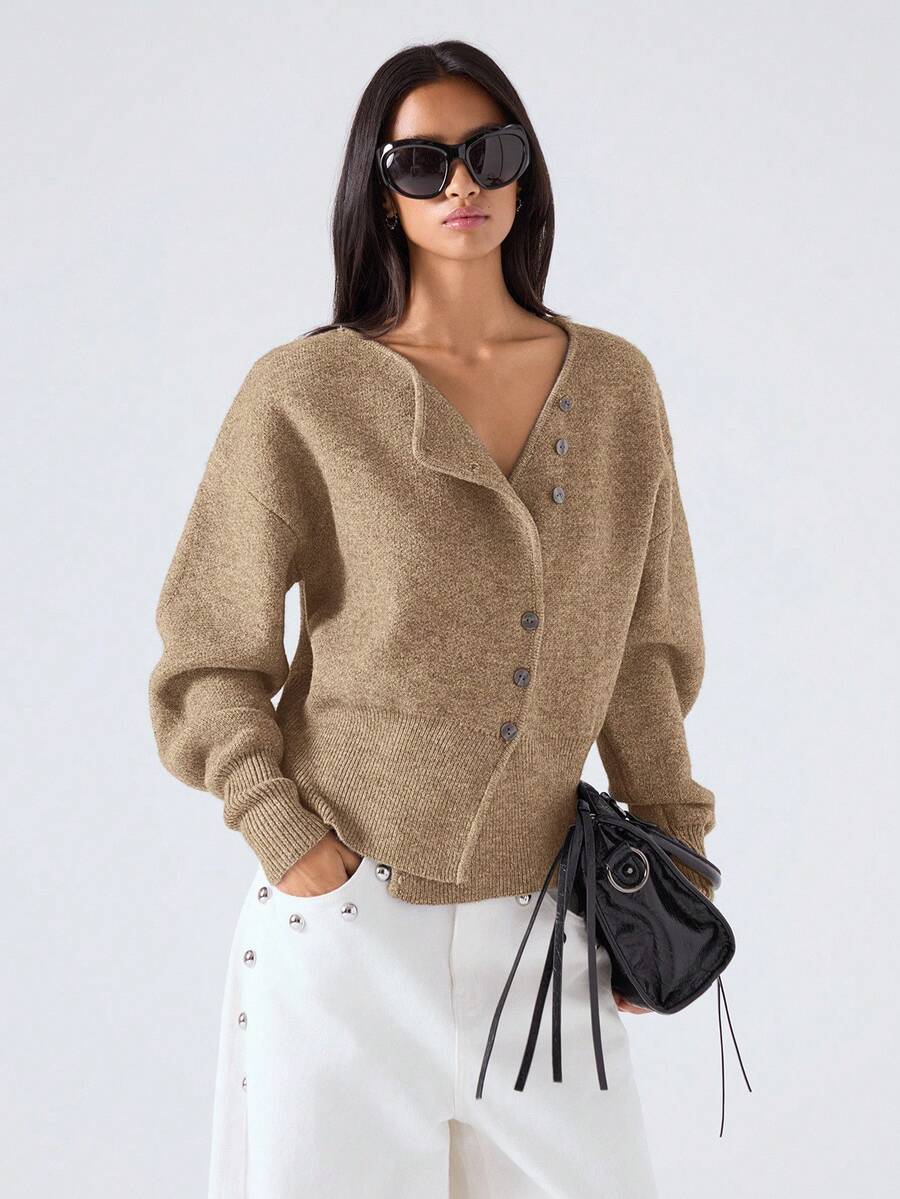 LYSMO Áo khoác len cardigan tay dài, cài khuy đơn, màu kaki thường ngày, trễ vai, màu kaki ngắn, cài nút mùa thu, áo len cardigan cài nút - Màu Khaki - Xem 1