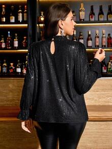 SHEIN Clasi Plus Size Black Sequin Ruffle Sleeve Long Party Blouse, Banquet, Elegant Halloween Costume,Black Tops,2025 New Top,2025 Fall Autumn - Black - View 2